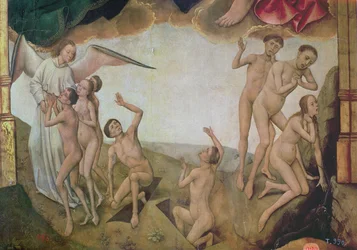 An angel welcomes the blessed into heaven while on the right the damned are being dragged down by devils to hell, detail of the Last Judgement and the Resurrection of the Dead from the Redemption Trip (detail)